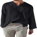 Camicia da uomo casual in cotone e lino nera a maniche lunghe con scollo a V - Taglia S / Top / Nero
