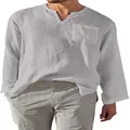 Camicia da uomo a maniche lunghe in cotone e lino con scollo a V e taschino, grigio chiaro - Taglia S / Top / Grigio