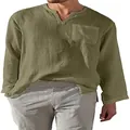 Camicia da uomo casual in cotone e lino a maniche lunghe con scollo a V, verde oliva - Taglia S / Top / Verde
