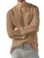 Men's loose cotton linen long sleeve shirt in khaki color featuring a V-neck and pocket - Dark Brown