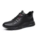 Black breathable men's casual leather sneakers with perforated detail and soft sole - 38 / Hollow Black Black Sole