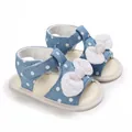 Detailansicht von blauen gepunkteten Babysandalen mit weicher Sohle und weißer Schleife - Blau gepunktet