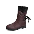 Elegant brown mid-calf women's winter boots with a cozy knitted cuff and lace-up back - 35 / Red