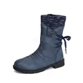 Women's stylish vintage blue flat winter boots with knitted cuff and bow detail - 35 / Blue