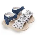 Detalle de sandalias para bebé de denim azul y lazo de lunares blancos de verano - Lunares Blancos