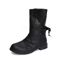 Black winter mid-calf boots with knitted collar and side bow detail - 35 / Black