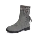 Grey women's winter flat mid-calf boots with knitted cuff and decorative bow detail - Gray