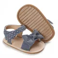 Detailansicht von dunkelblauen Baby-Sandalen mit Punkten, Schleife und rutschfester Sohle. - Grau