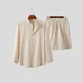 Men's minimalist beige two-piece set featuring long-sleeved shirt and matching shorts - S / Top And Bottom / Apricot