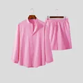 Men's pink casual two-piece set featuring long sleeve shirt and matching shorts - S / Top And Bottom / Pink