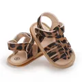Close-up of stylish leopard print baby sandals with soft rubber soles and adjustable velcro straps - Leopard Print