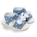 Detail of blue baby sandals with white polka dots and a decorative white bow on top. - 11cm / Blue