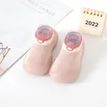 Soft pink baby sock shoes with non-slip rubber soles designed for toddler first steps - Size 18/19 (Internal Length 11.5cm) / Rose Red (Pink Cuff)