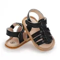 Detail view of black baby walker sandals with anti-slip rubber soles and soft leather straps. - Inner Length 11cm / Black