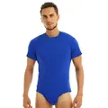 Men's breathable blue short sleeve bodysuit with crew neck and snap crotch buttons - M / Set / Blue