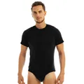 Black short sleeve crew neck breathable bodysuit for men with snap crotch closure - M / Set / Black