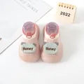 Cute pink knit baby walker shoes featuring cartoon bear embroidery and soft rubber sole - Rose Red (Bear Letters)