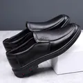 Black genuine leather men's business casual loafers featuring a soft flat sole - Slip-on Style (QT1111)