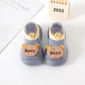 Close-up of baby knit sock shoes with cute 3D bunny cartoon doll and soft rubber sole - Blue (Bear & Letters)
