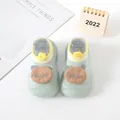 Detailed view of the 3D bunny doll and soft knitted texture on mint green baby shoes - Green (Bear Letter)