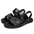 Comfortable men's black PU leather outdoor sandals featuring breathable fabric straps - 38 / All Black