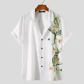 Detailed front view of white men's short sleeve shirt with tropical hibiscus print - M / Tops / Green