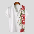 Close-up view of men's white short sleeve shirt with vibrant red floral print - M / Tops / Red