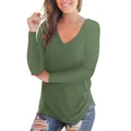 Dames legergroen T-shirt met lange mouwen en V-hals, casual nauwsluitende effen katoenen top - S / Tops / Legergroen