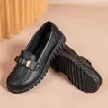Comfortable black women's flat loafers with a soft non-slip sole and gold buckle detail - 38 / Perforated Black