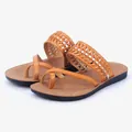 Tan flat toe-post sandals for women with hollow woven straps and thin crossover bands - 35 / Yellow Brown