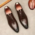 Premium men's brown leather brogue dress shoes with stylish burnished pointed toe - 36 / Coffee