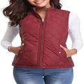 Detail of women's burgundy quilted vest featuring stand collar and zipper pockets. - Burgundy
