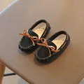 Elegant children's black suede loafers featuring a brown bow-knot and stitch details - 21 / Black
