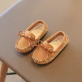 Classic brown suede children's loafers with bow detail and hand-stitched edges - Brown