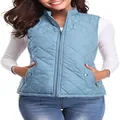 Detailed close-up showing a light blue quilted vest with stand collar and zipper. - S / Tops / Light Blue