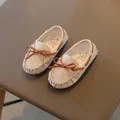 Elegant cream toddler loafers with brown bow detail and slip-on British style design - 21 / Beige