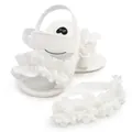 Elegante weiße Baby-Sandalen mit Rüschen und passendem Blumen-Stirnband Set für Mädchen - 11cm / Set (Sandalen Und Stirnband) / Weiß
