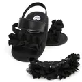 Elegante schwarze Baby-Sandalen mit Rüschen und passendem 3D-Blumen-Haarband Set - 11cm / Set (Sandalen Und Stirnband) / Schwarz