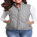 Close-up of women's grey quilted vest with stand collar and zipper pockets - Light Gray
