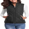 Detail view of a women's black quilted vest with zipper pockets and a stand-up collar. - S / Tops / Black