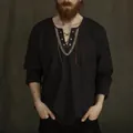 Close-up detail of a vintage medieval style cotton shirt featuring a unique lace-up neckline - S / Top (LR Drawstring V-Neck Shirt) / Black