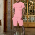 Stylish pink men's summer sports set with short sleeve t-shirt and drawstring shorts - M / Top And Bottom / Pink