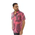 Side view of men's pink short sleeve casual shirt with green fern leaf print design - S / Tops / Pink