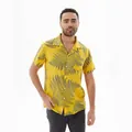 Men's casual short sleeve beach shirt featuring a yellow base and gray fern leaf print. - S / Tops / Yellow