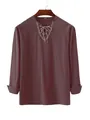 Detail of men's loose cotton shirt featuring ethnic embroidery and drawstring neckline - Chestnut