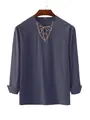 Detail shot of men's loose cotton shirt with lace-up collar and ethnic trim. - S / Top (LR Drawstring V-Neck Shirt) / Navy Blue