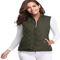 Women's olive green quilted vest with stand collar and zipper pockets for winter. - Army Green