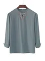 Men's teal cotton long-sleeve shirt with detailed lace-up neckline and ethnic trim - S / Top (LR Drawstring V-Neck Shirt) / Aqua