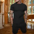 Close-up of men's black slim-fit short sleeve T-shirt and shorts set for summer - M / Top And Bottom / Black