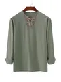 Sage green cotton long sleeve shirt with tribal embroidered lace-up V-neckline detail. - Army Green